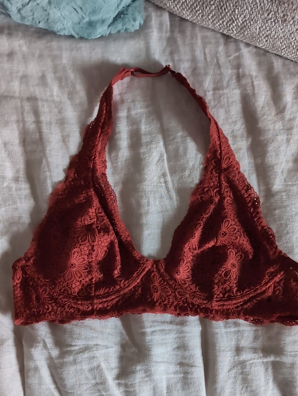 aerie Floral Lace Halter Bralette in Rust Red